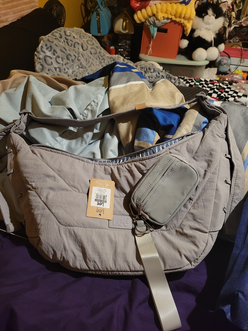 Lee Striped-Lined Quilted Shoulder Bag in Light Gray
